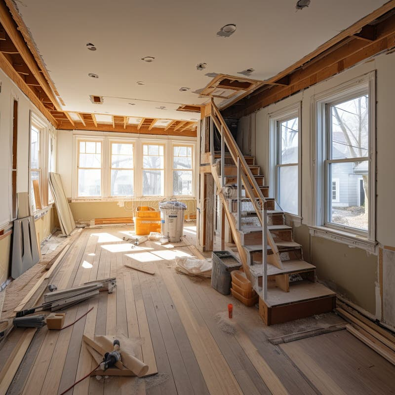 Home Renovation Project Underway With Exposed Staircase And Walls Stock ... intended for Innovative Ways to Implement Open Walls in Your Home Renovation