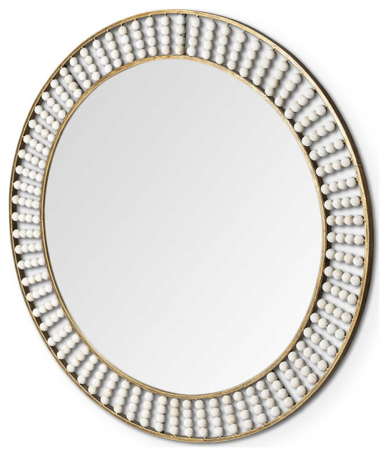 Homeroots 42" Round Gold Metal Frame Wall Mirror With White Wood Beads ... pertaining to Your Guide to Choosing and Placing a HomeRoots Brown Wood Frame Wall Mirror