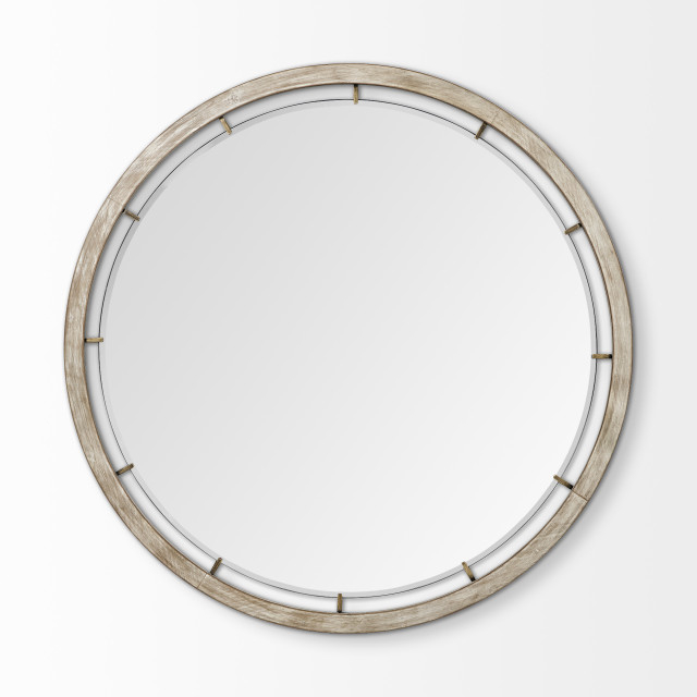 Homeroots 54" Round Brown Wood Frame Wall Mirror, 53.9L X 1.6W X 53.9H ... within