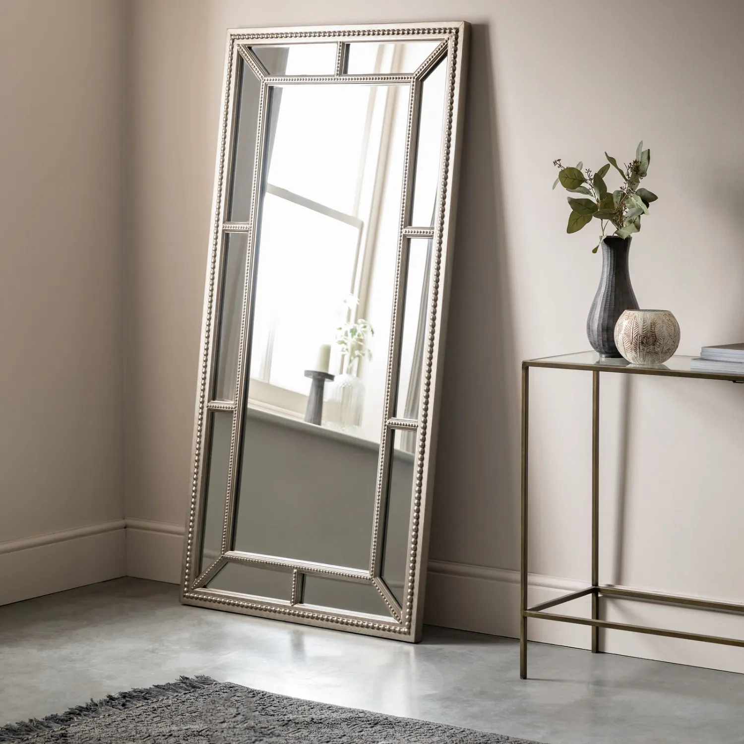Large Pewter Silver Rectangular Leaner Wall Mirror - Ellis Home Interiors regarding The Versatility of the Alaric Pewter 21.5-in Mirror in Home Decor