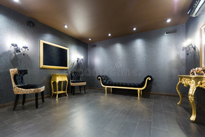 Luxurious Romantic Room In Pompous Style In Black And Gold Colors With ... with regard to Styling Your Space with the Luxurious Combination of Black, Gold Leaf, and Mercury Mirror