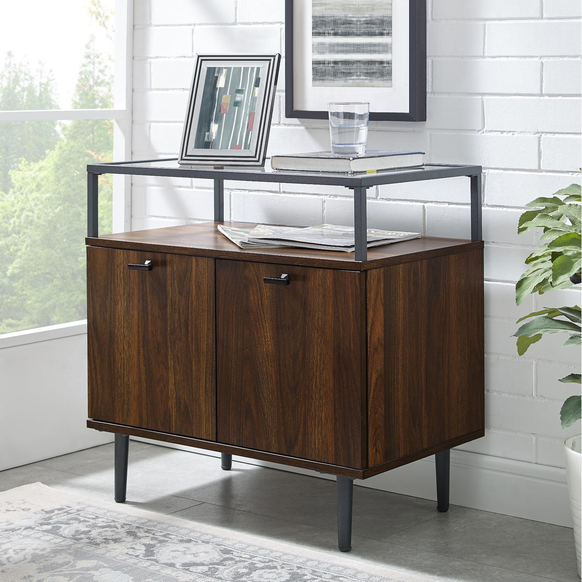 Modern Glass Top Two-Door Dark Walnut Storage Cabinet By Manor Park ... regarding