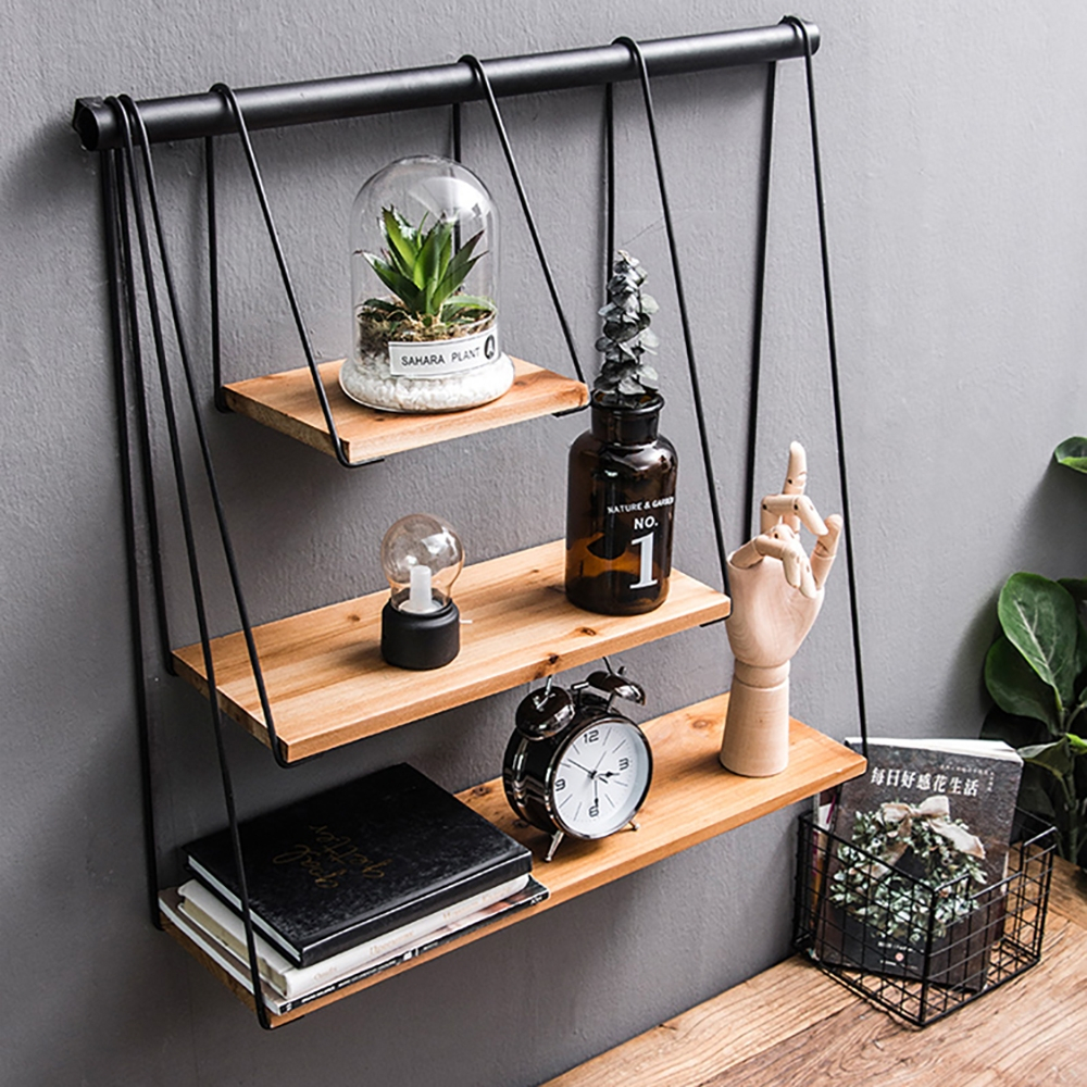 Modern Triple Floating Shelves Wood & Metal Wall Shelf-Homary throughout