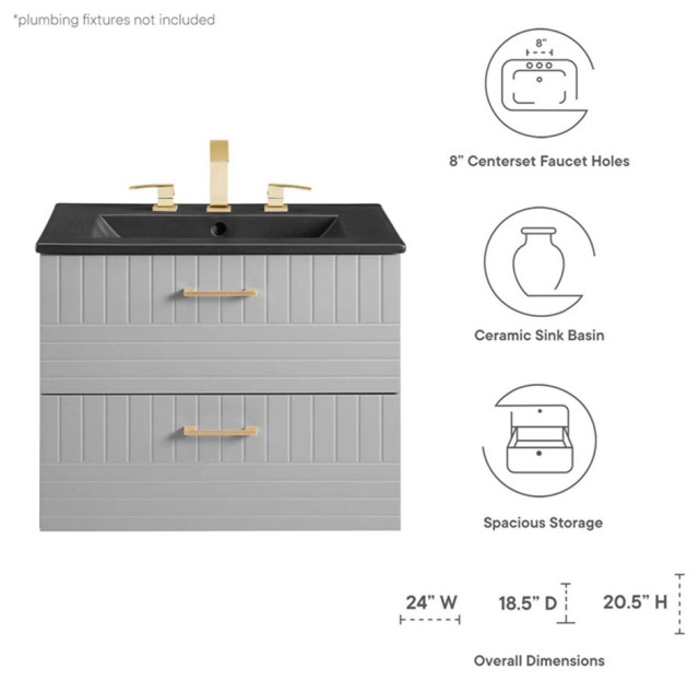 Modway Daybreak 24" Wood &Amp; Ceramic Bathroom Vanity In Light Gray/Black ... inside The Daybreak 24 Wall Mount Design Considerations for a Seamless Look