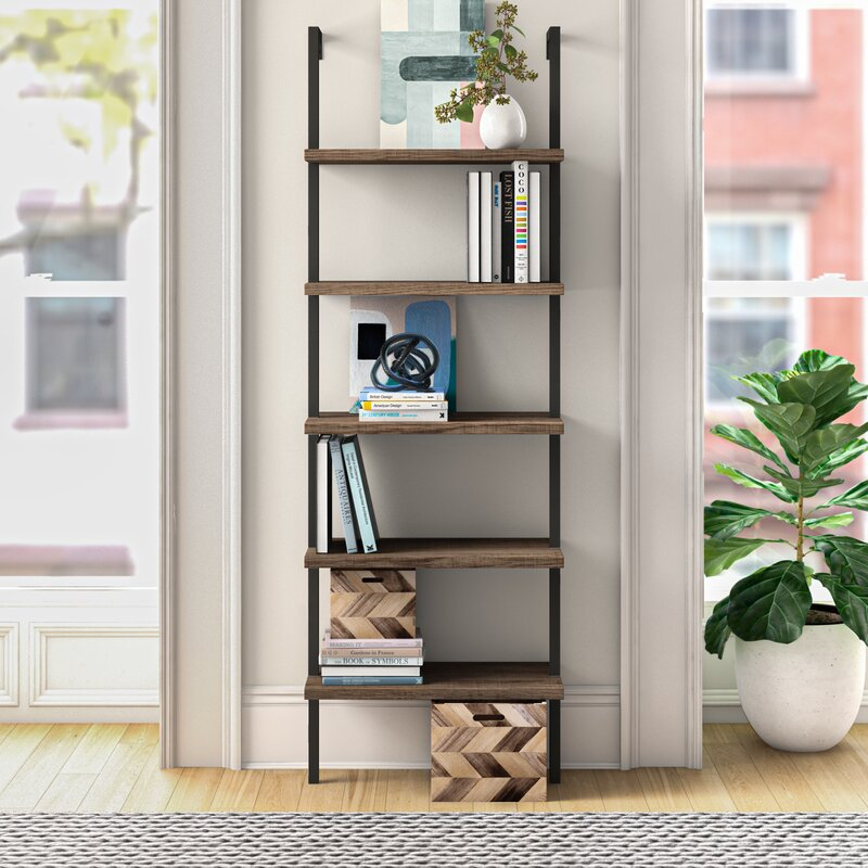 Moskowitz 72" H X 24" W Metal Ladder Bookcase -Dark Walnut Brown Wood ... in Designing Around the Page Brown Wood and Black Metal Staircase Shelving Unit