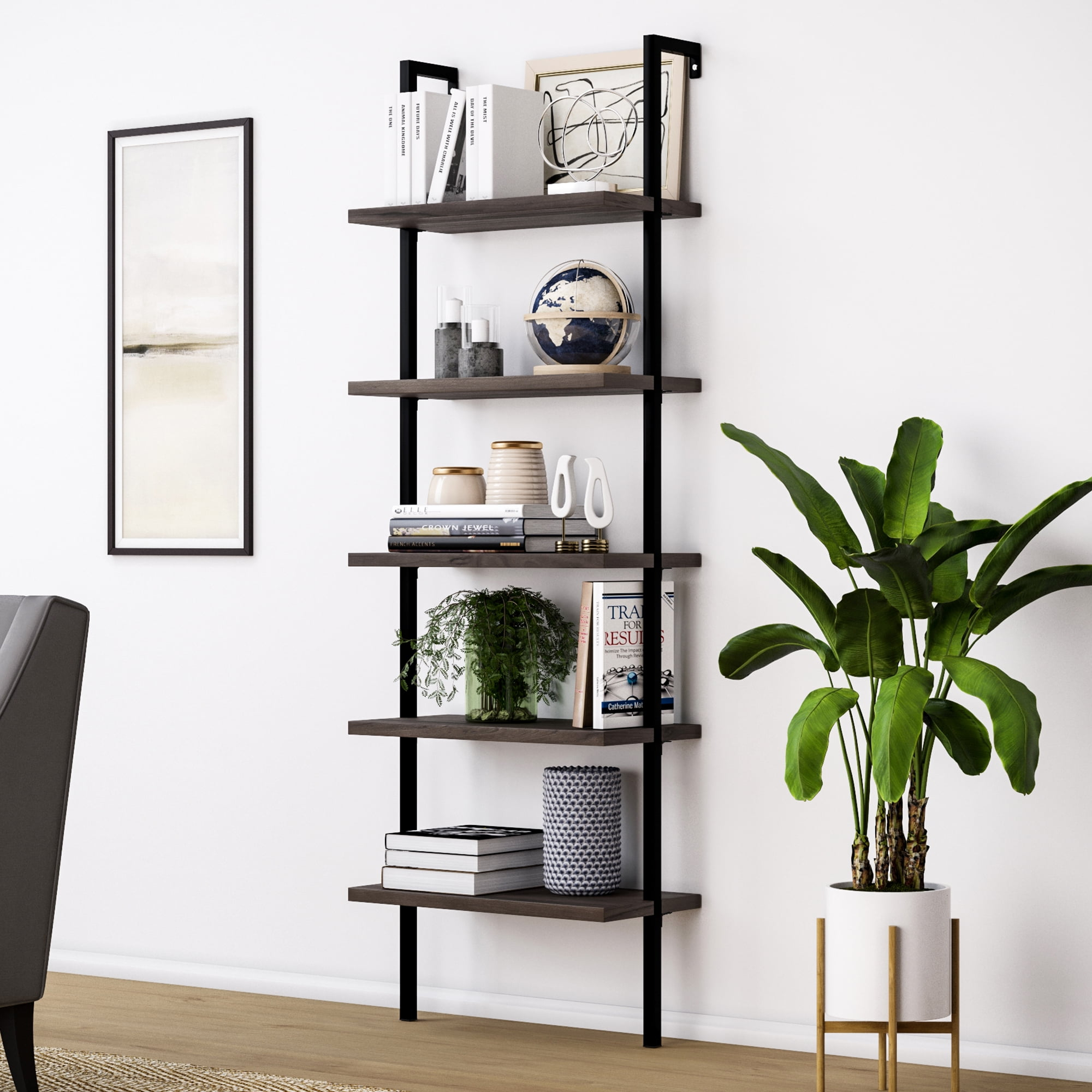 Nathan James Theo 5 - Shelf Ladder Bookcase Rustic Dark Walnut Brown ... with Designing Around the Page Brown Wood and Black Metal Staircase Shelving Unit