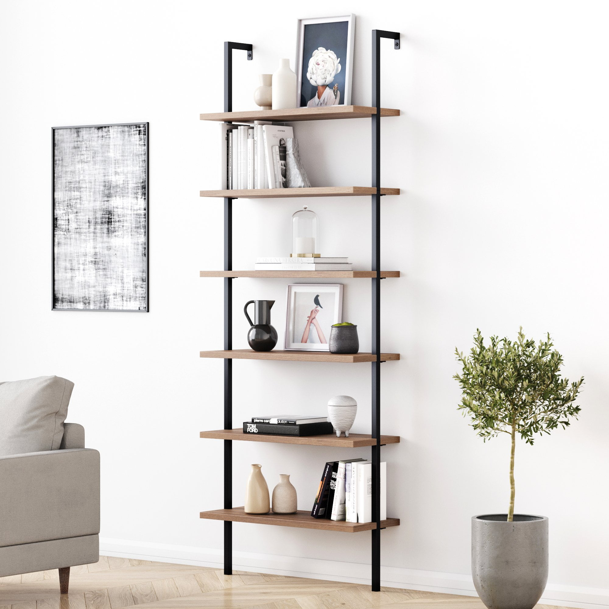 Nathan James Theo 6-Shelf Tall Bookcase Wall Mount Bookshelf Natural ... inside