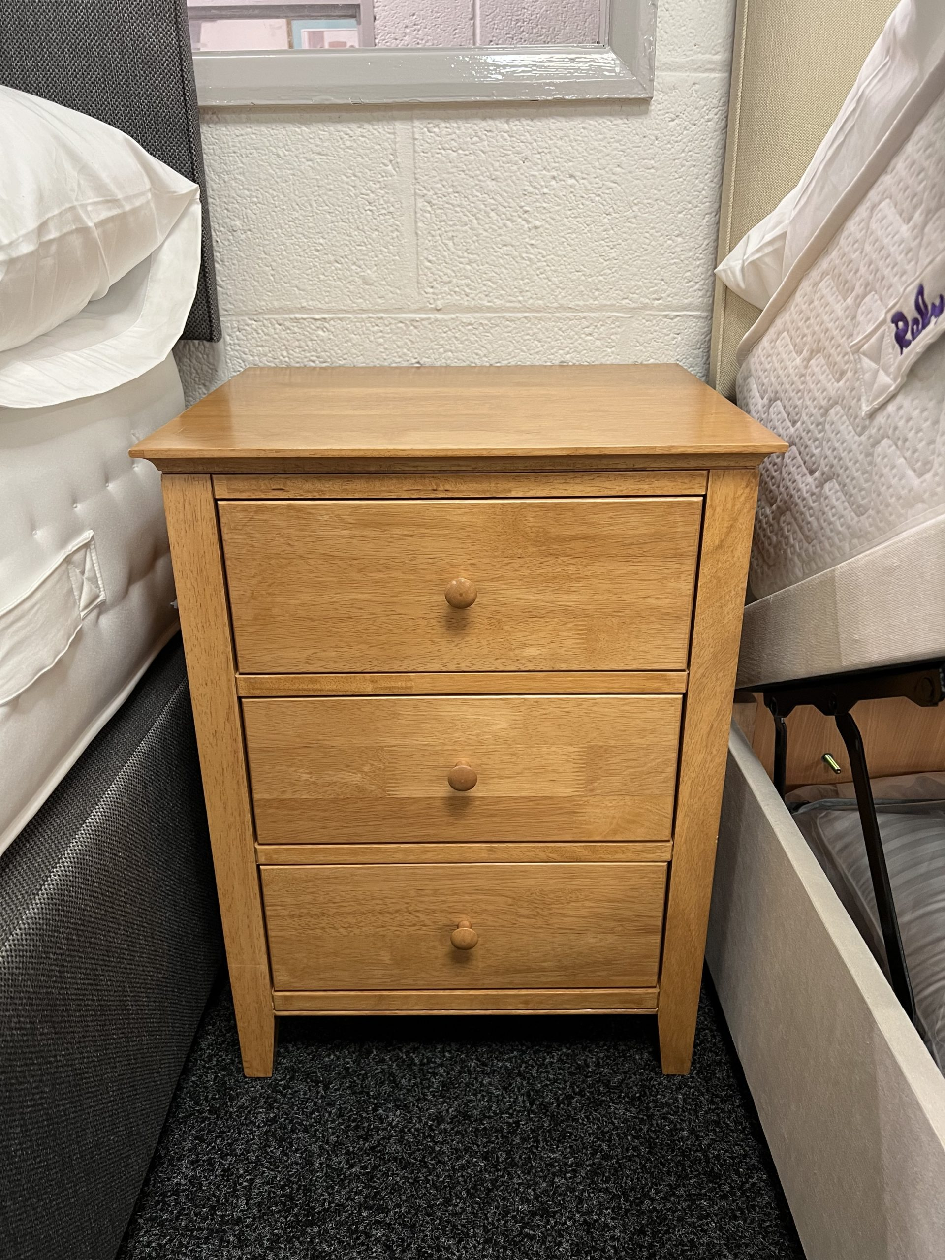Oak Finish 3 Drawer Bedside Cabinet – Ex Display – The Bed Shop Alfreton regarding