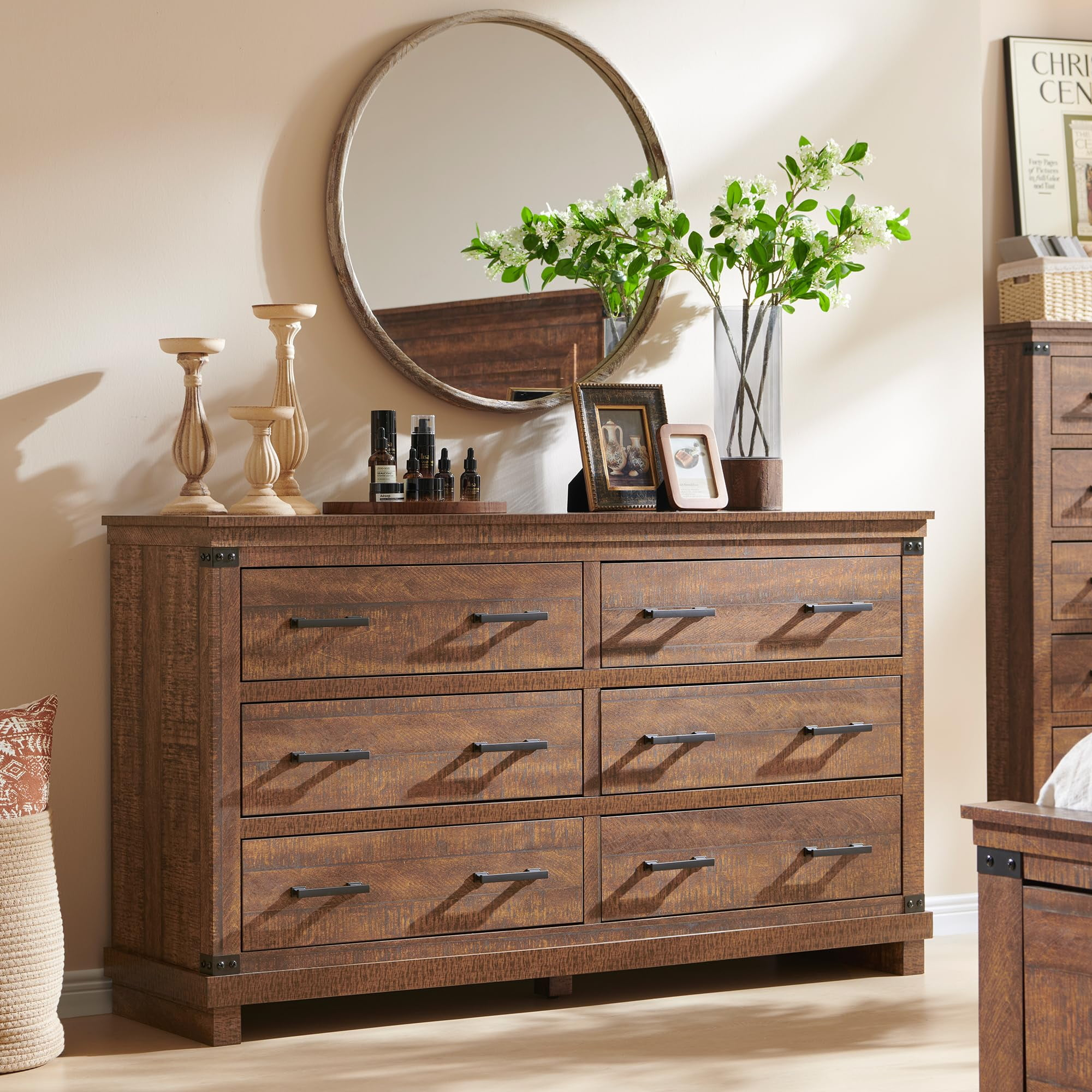 Okd Farmhouse 6 Drawers Dresser For Bedroom, Wood Large Chest Of ... throughout