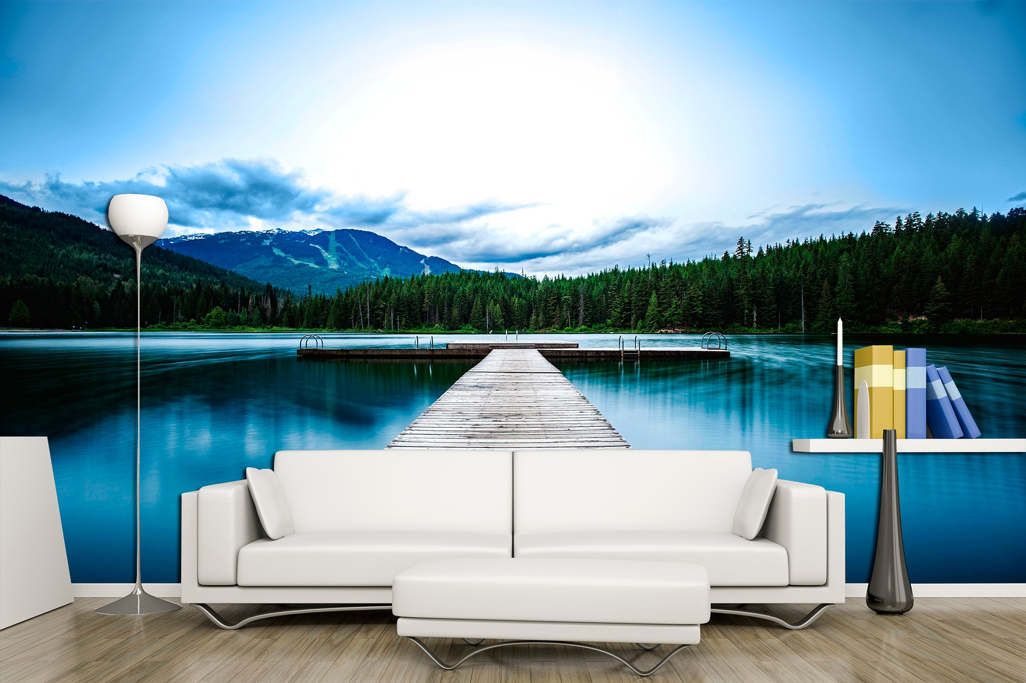 Pier Wall Art Landscape Wallpaper Lake House Decor Nature Wallpaper ... with regard to