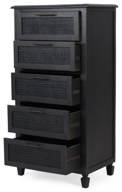 Pollards Rustic Acacia Wood And Cane 5 Drawer Dresser, Dark Gray ... for