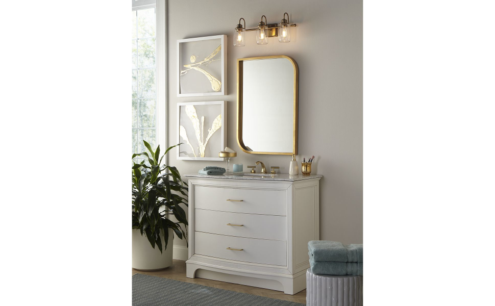 Progress Lighting Aiken 3-Light Vintage Brass Clear Glass Farmhouse ... pertaining to How the Aiken Collection Light Transforms a Bathroom's Ambiance