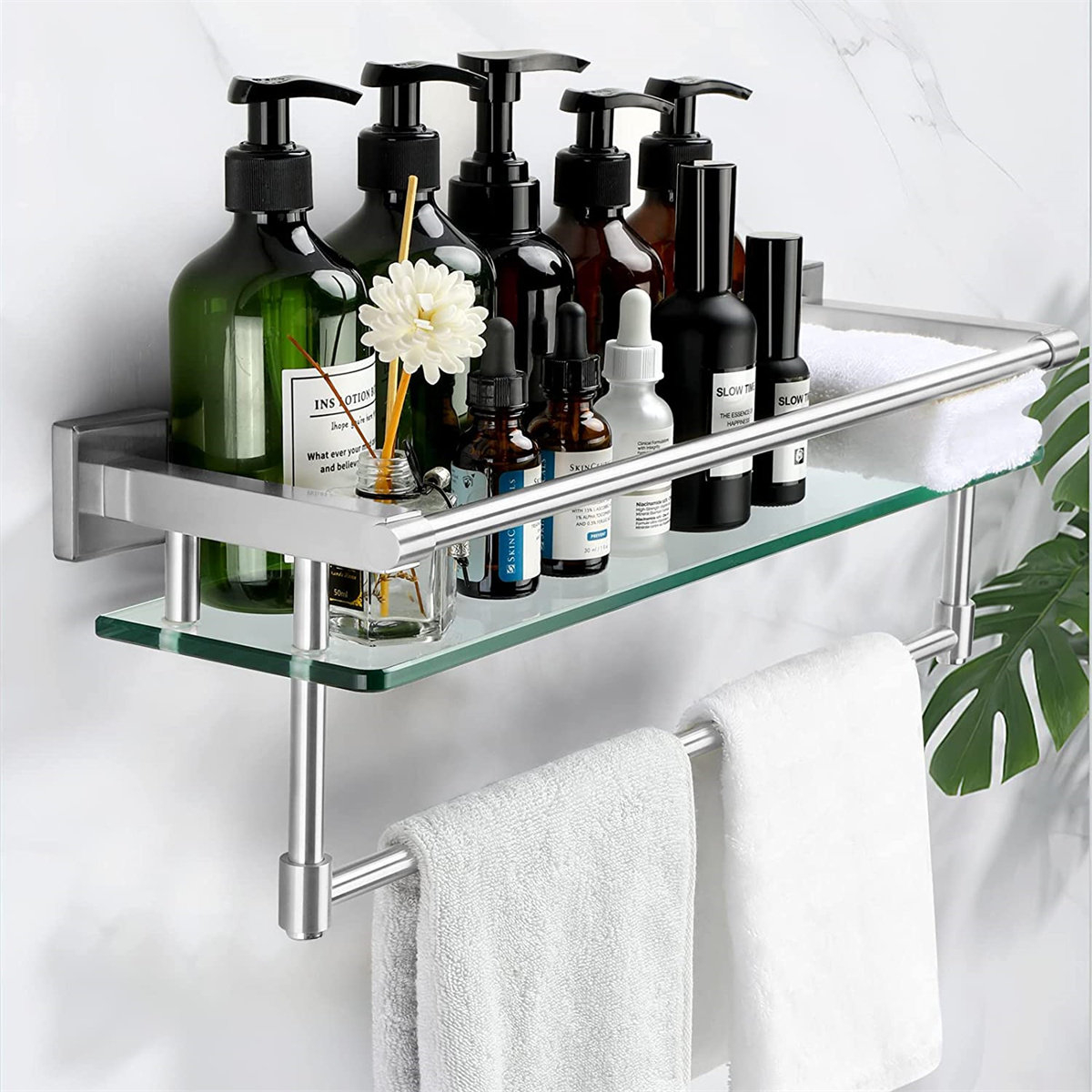 Rebrilliant Bathroom Glass Shelf Towel Rack Shelf Glass Organizer Wall ... for