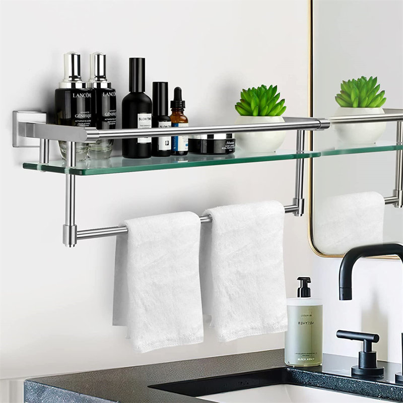 Rebrilliant Bathroom Glass Shelf Towel Rack Shelf Glass Organizer Wall ... regarding