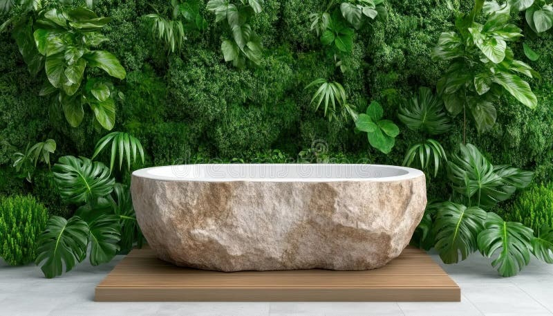 Serene Bathroom Design With Natural Stone Bathtub, Earthy Tones, And ... within