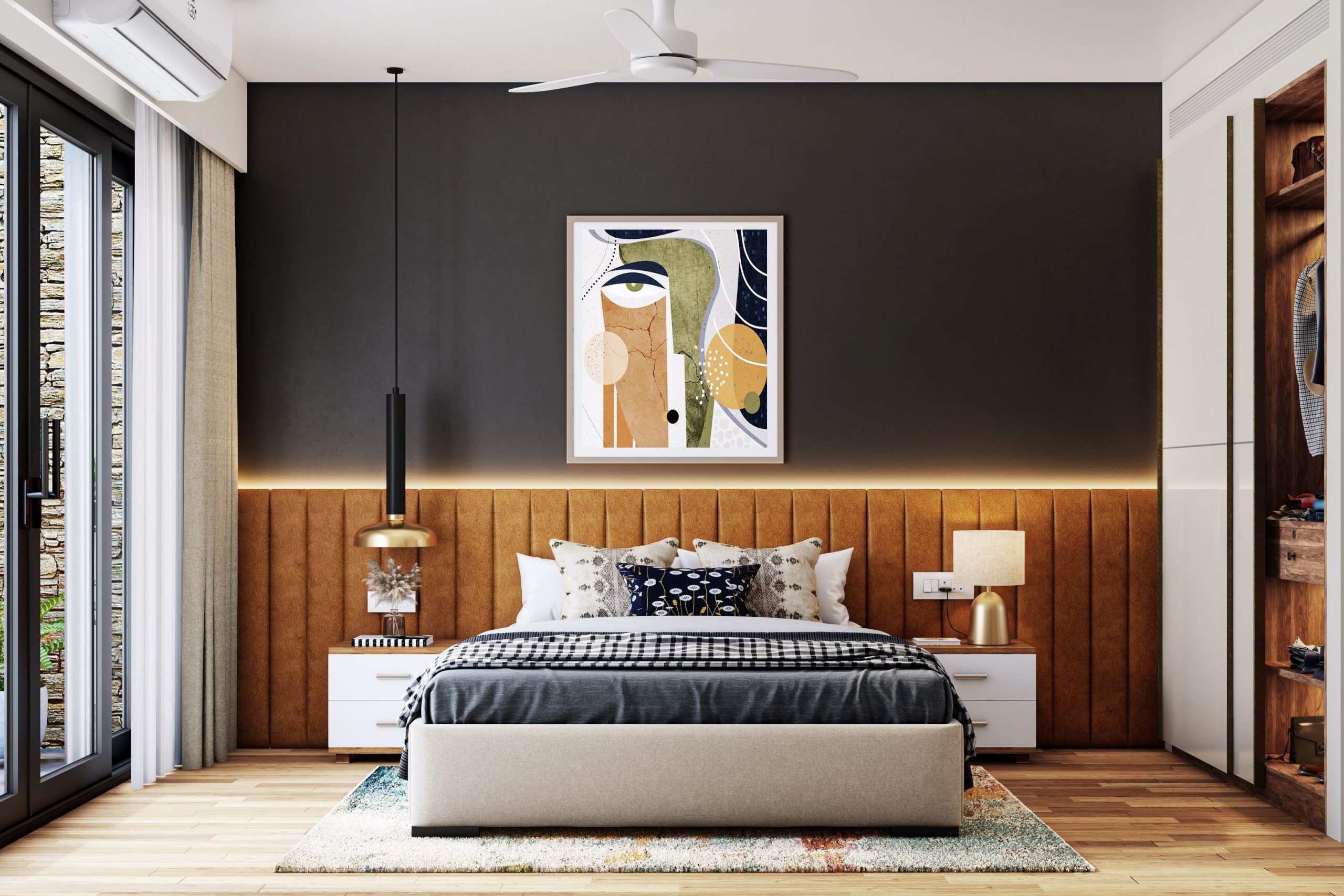 Spacious Master Bedroom Design With Tufted Leather Headboard And Led ... throughout Integrating the Modrest Heloise into Your Bedroom Design Ideas