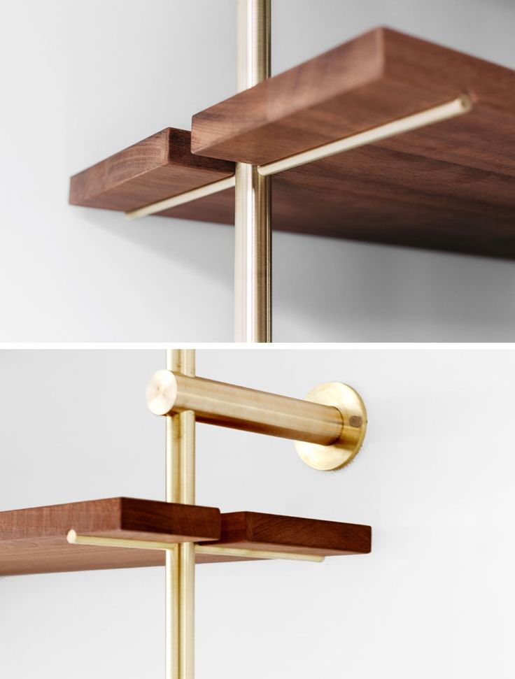 This Brass Rail Shelving Has Mid-Century Modern Style | Shelving Design ... pertaining to From Concept to Installation Your Guide to 30-Inch Seamless Aged Brass Shelves