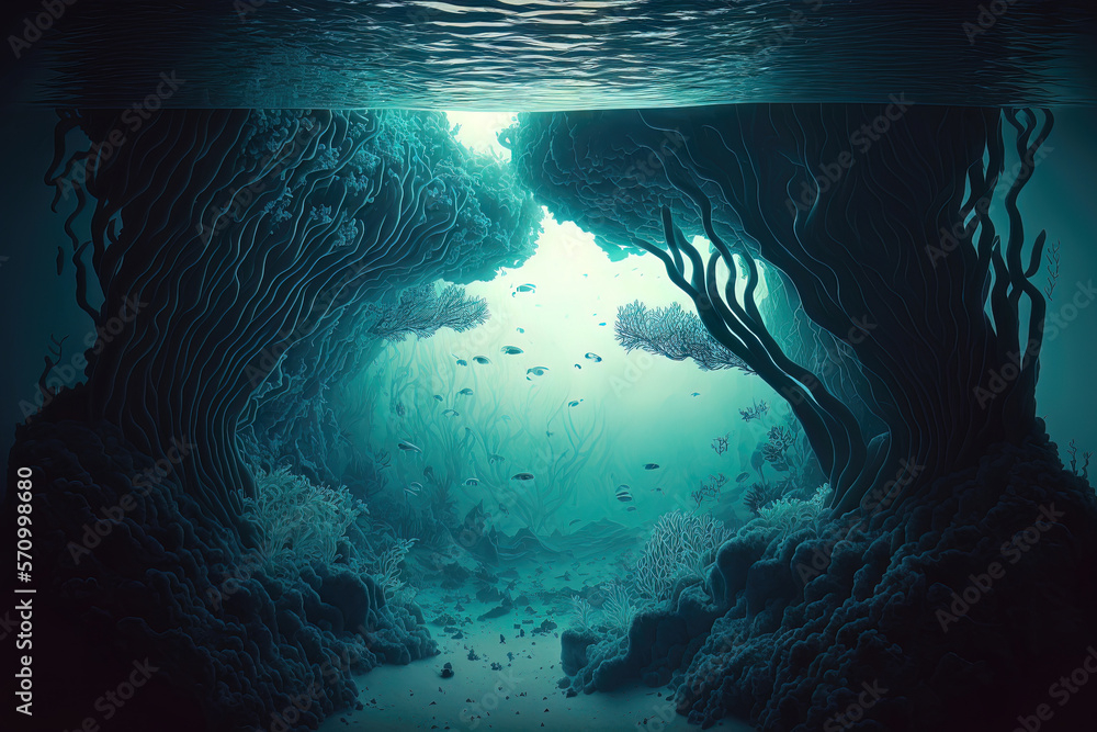 Underwater Deep-Sea Gorge. Underwater Deep Ocean World, Light On The ... within