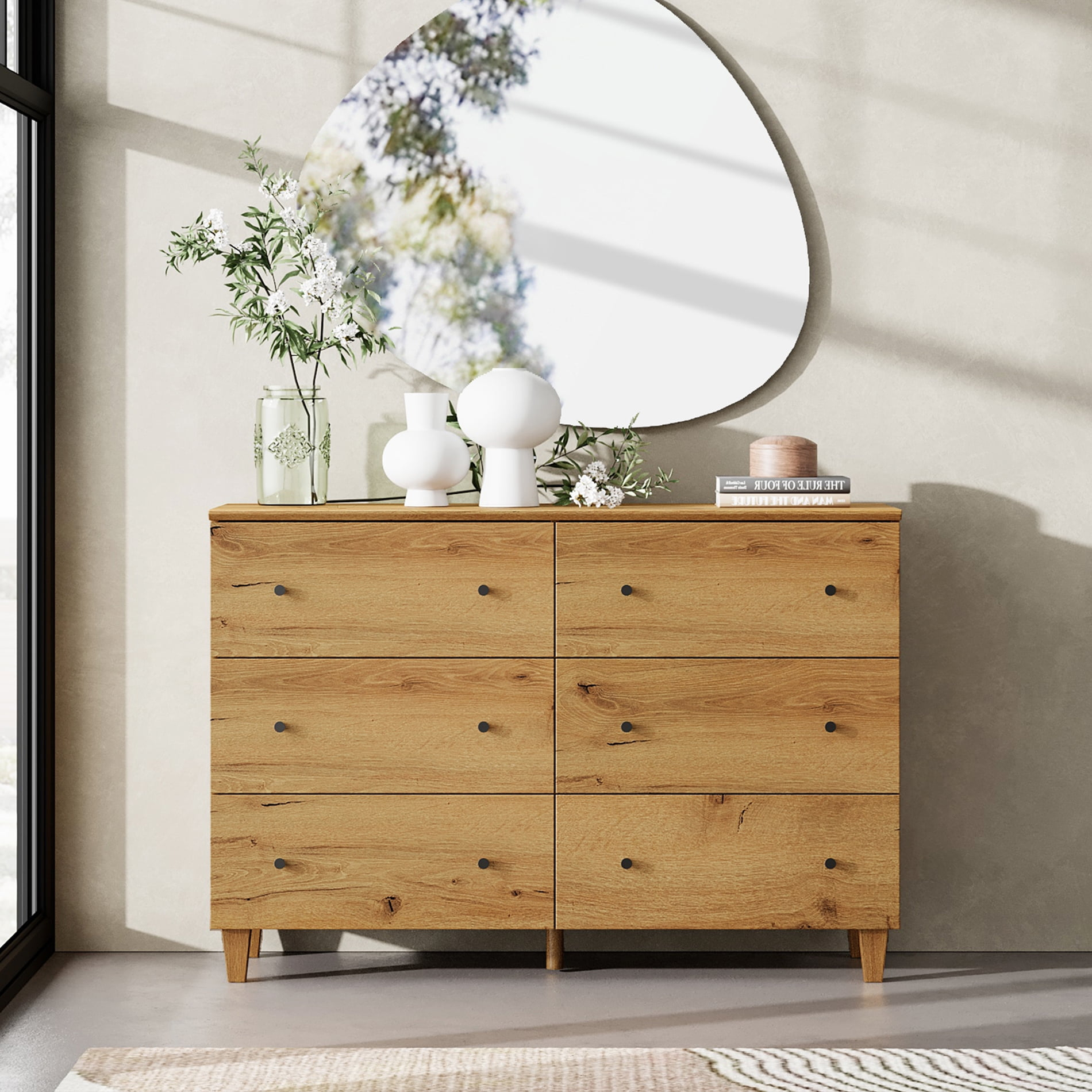 Wampat Dresser With 6 Drawers For Bedroom, Modern Wood Wide Double ... for Navigating the Different Styles of Oak Double Dressers