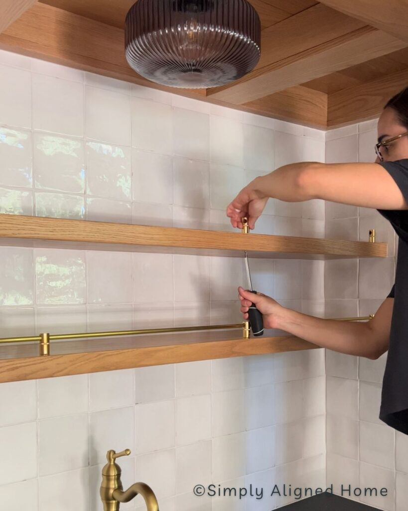 Wet Bar Thin Floating Shelves With Brass Shelf Rail - Simply Aligned Home with From Concept to Installation Your Guide to 30-Inch Seamless Aged Brass Shelves