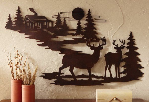 Woodland Cabin & Deer Metal Wall Art (1) | Silhouette Wall Art, Art ... for How "Deer 2" Iron Wall Art Enhances Interior Design