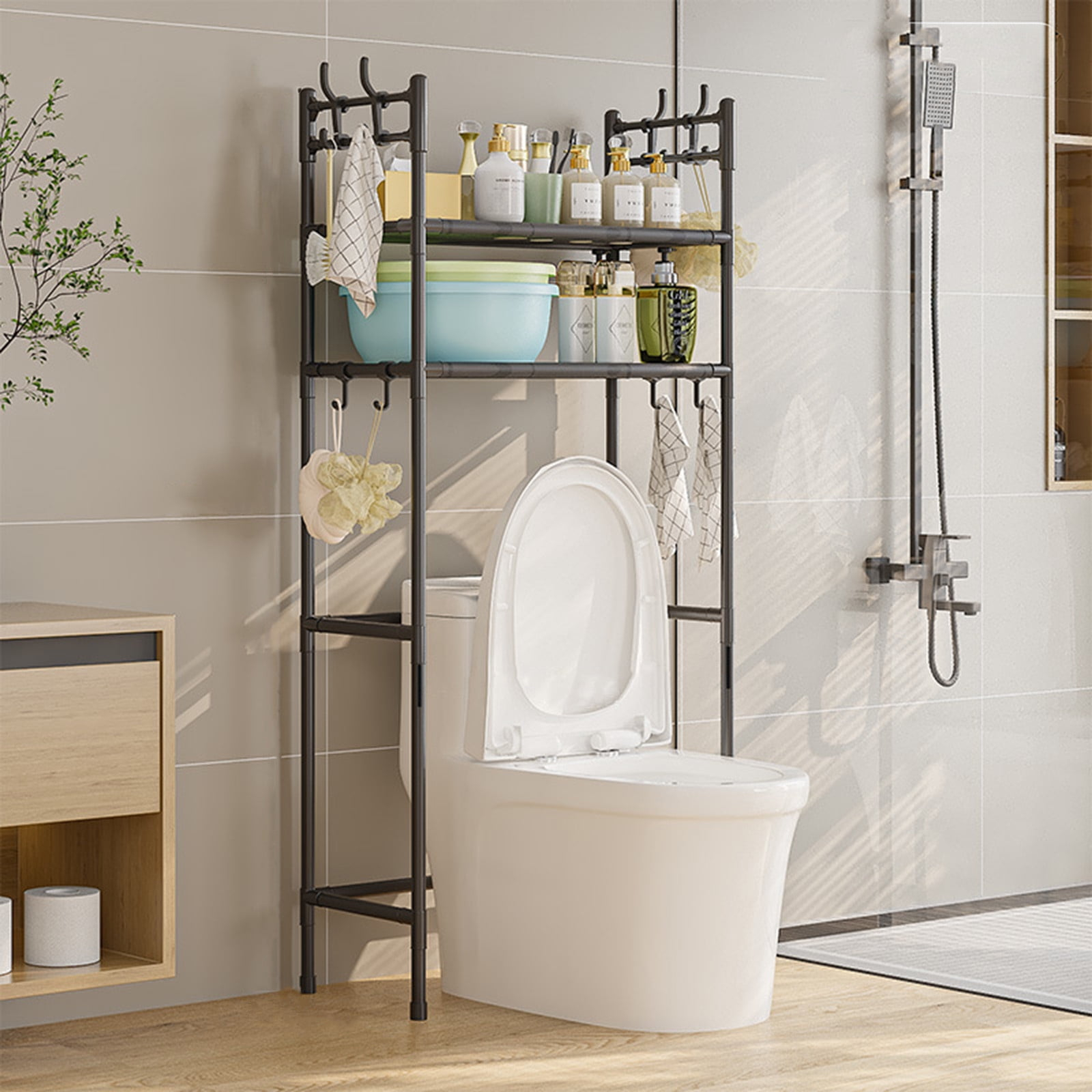 2-Tier Over-The-Toilet Storage Shelf | White/Black Bathroom Organizer ... in Shelf For Bathroom Toiletries