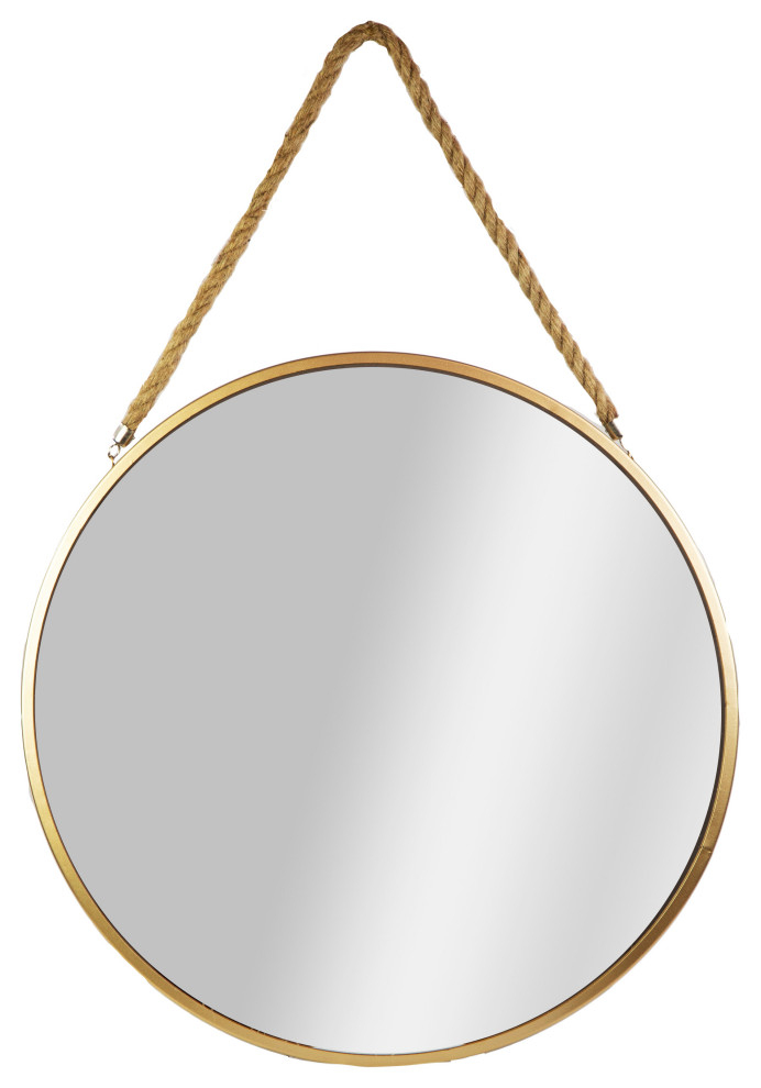 24" Round Metal Mirror With Top Chain Hanger Metallic Gold Finish, Large - Beach Style - Wall ... intended for Round Metal Mirror Metallic Gold Finish, Large