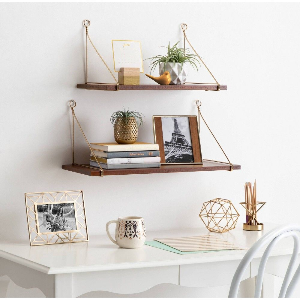 2Pc Vista Wood And Metal Wall Shelves Walnut Brown - Kate & Laurel All ... in Beyond Storage How Walnut and Gold Shelves Transform Interiors