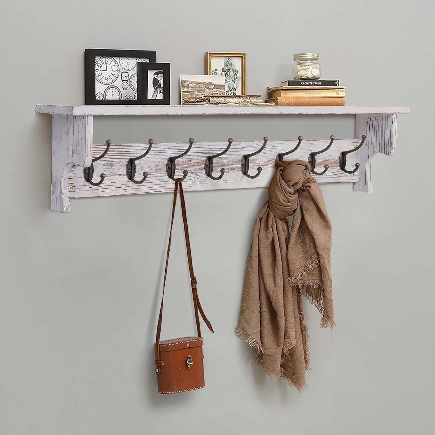 35" Long Coat Rack Wall Mount With Shelf, Rustic Wooden Entryway Shelf ... throughout Entryway Shelf With Hooks