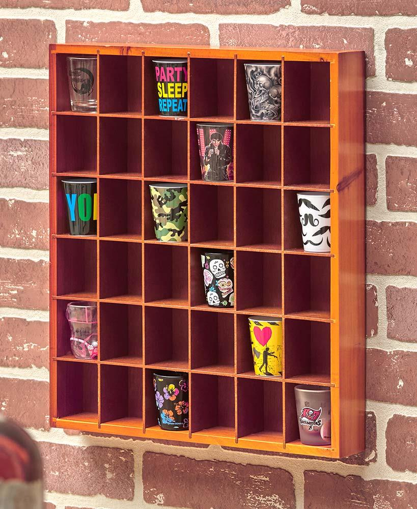 36 Shot Glass Display Case Collectibles Wall Mounted Wooden Rack Shelf ... inside Building the Perfect Display Case for Your Valuable Collection