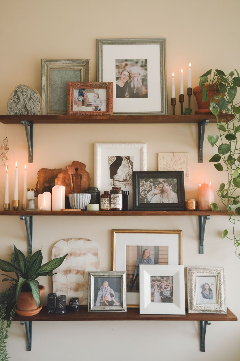 42+ Stunning Photo Wall Ideas To Showcase Your Favorite Memories ... inside Gallery Wall + Shelf Combo