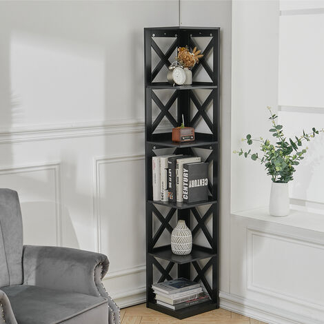 5 Tier Modern Wood Corner Standing Shelf For Living Room, Black inside Unlocking Hidden Potential Black Corner Shelves Explained