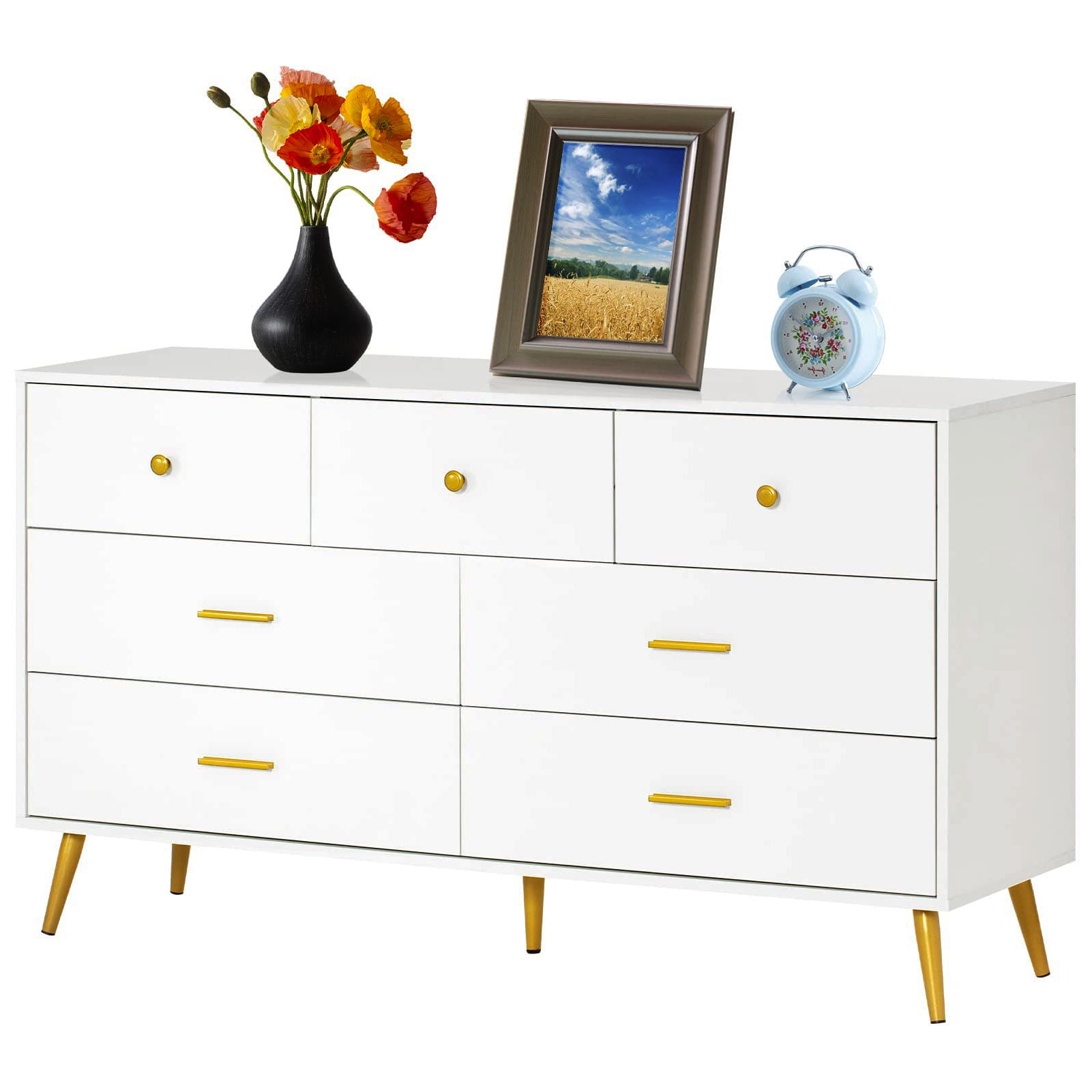 7 Drawer Dresser For Bedroom, 55-Inch White And Gold Dresser Chest Of Drawers Wood Bedroom ... pertaining to A Deep Dive Into the Carmel 7 Drawer Dresser White Design and Functionality