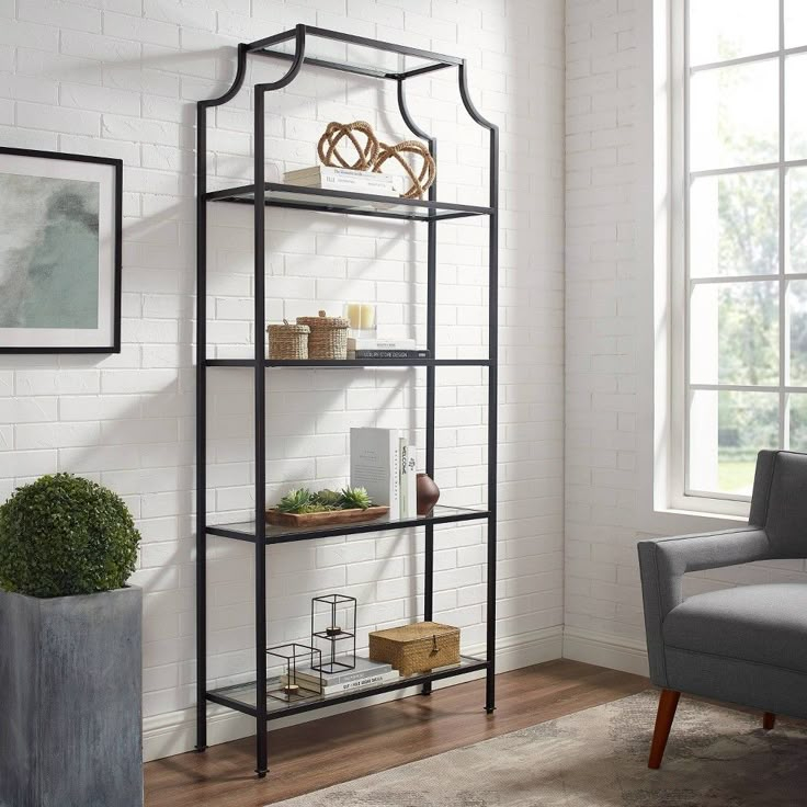 80" Aimee Glass Etagere Oil Rubbed Bronze - Crosley: Sturdy Steel Frame, 4 Fixed Shelves ... throughout Aimee 3Pc Etagere Set Oil Rubbed Bronze