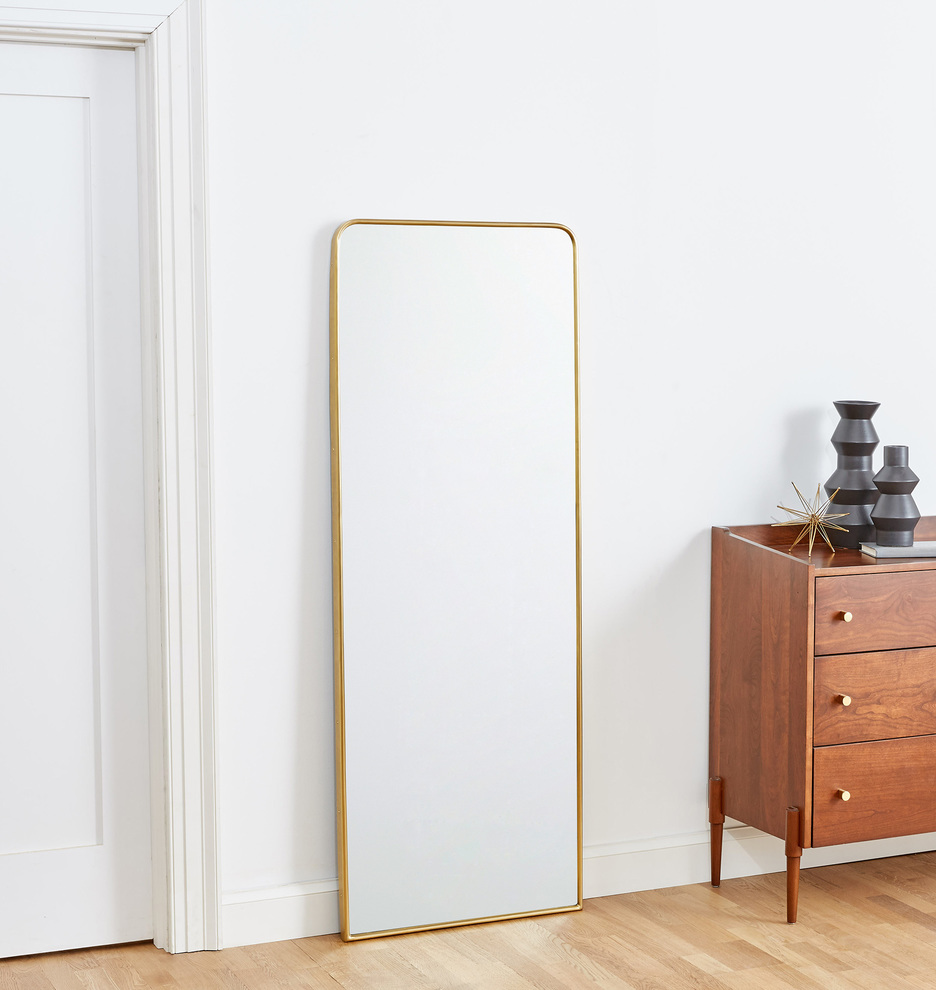 Aged Brass Floor Length Metal Framed Mirror | Rejuvenation | Brass ... for Narrow Metal Frame Mirror Finished In A Rich Dark Bronze