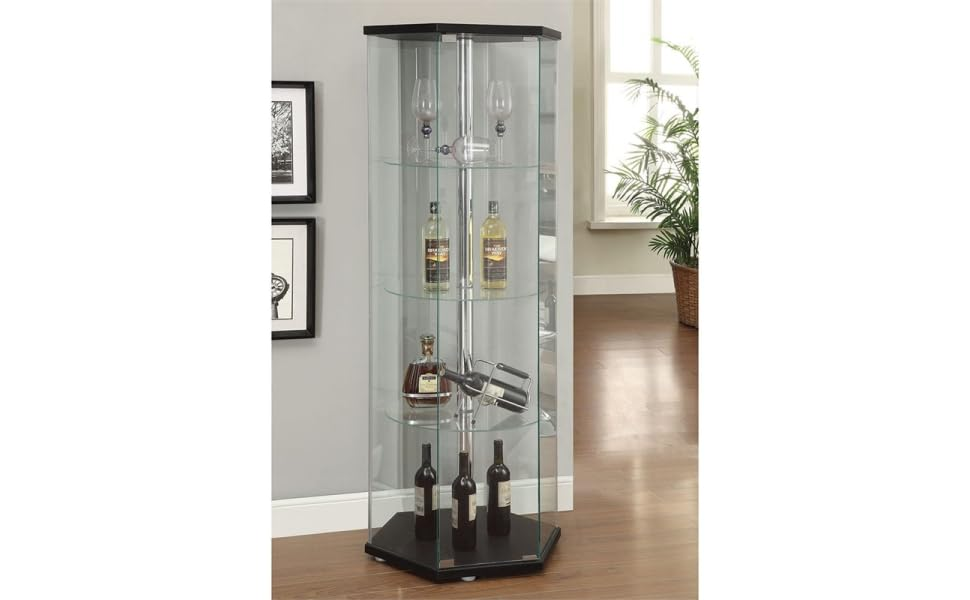 Amazon.com - Bowery Hill Hexagonal Round Corner 4 Shelf Glass Curio Cabinet Display Case In ... with A Closer Look at the Bowery Hill Modern Metal Display Case Features and Benefits