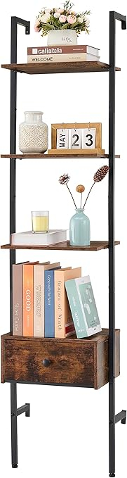 Amazon.com: Tajsoon 4 Tier Wall Ladder Bookshelf With Drawers, Wall ... inside Wall Ladder Shelf & Bookcase With Wire Storage Baskets