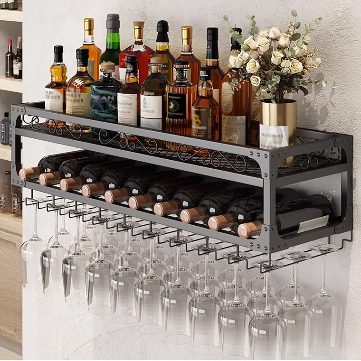 Amazon.com: Wall Mounted Wine Rack With Glass Holder,Metal Wine Bottle ... with Maximizing Space with Smart Wine Bottle Shelving Ideas