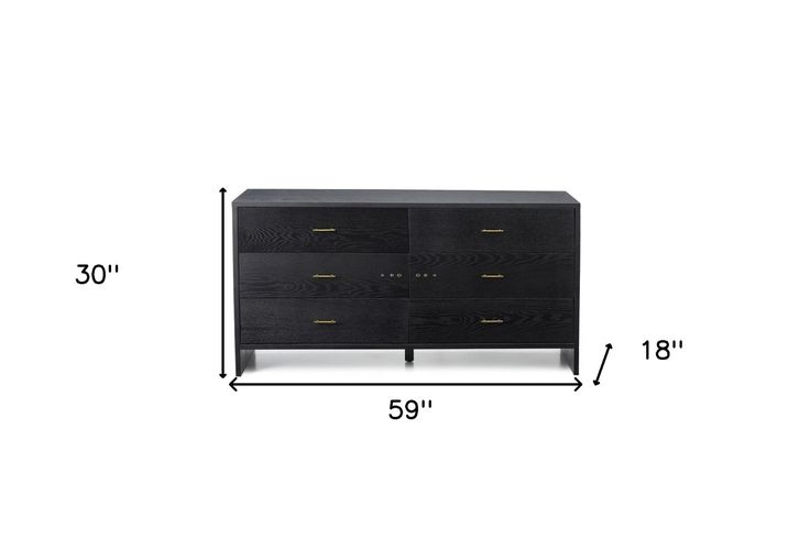 An Image Of A Black Dresser With Measurements with 59" Black Charcoal Six Drawer Double Dresser