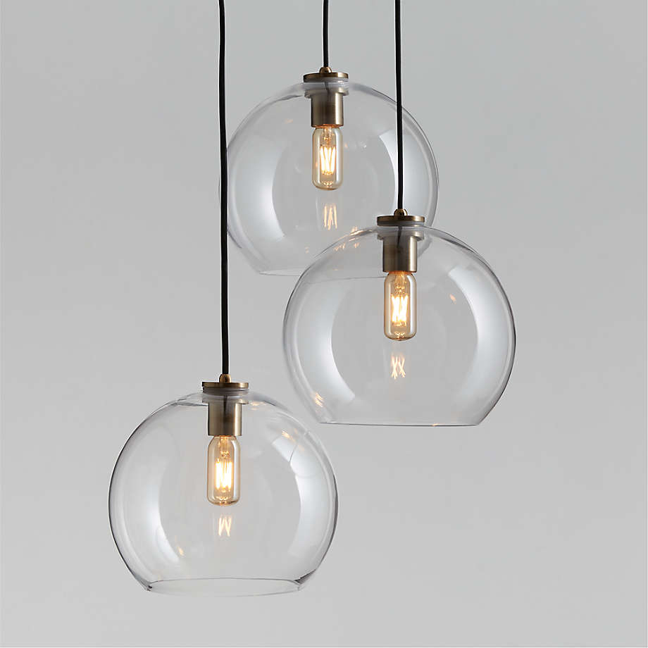 Arren Brass 3-Light Pendant Light With Large Round Clear Glass Shades | Crate & Barrel within Clive 3 Light Pendant, Brass