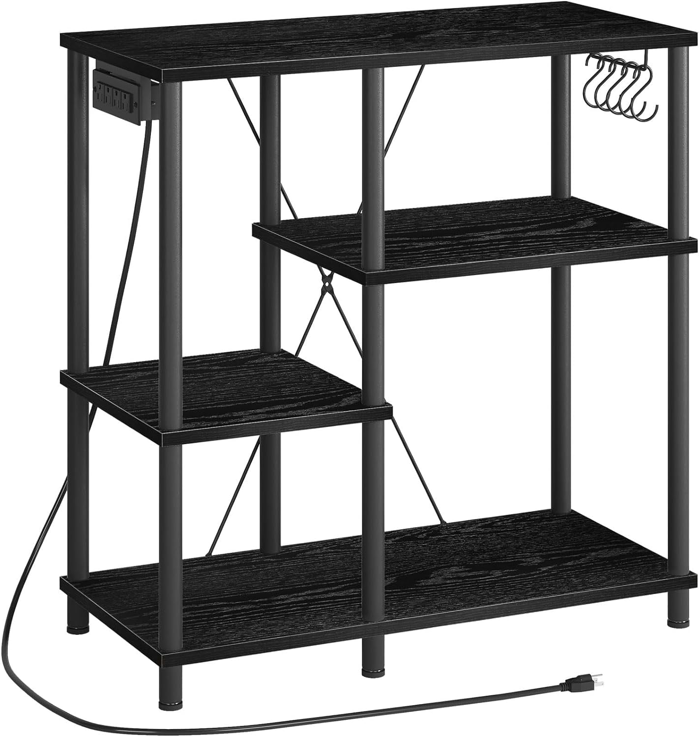 Bakers Rack With Power Outlet, Microwave Stand With 5 S-Shaped Hooks ... regarding Ozias Shelf With Hooks, Rustic Brown/Black 24X9X7
