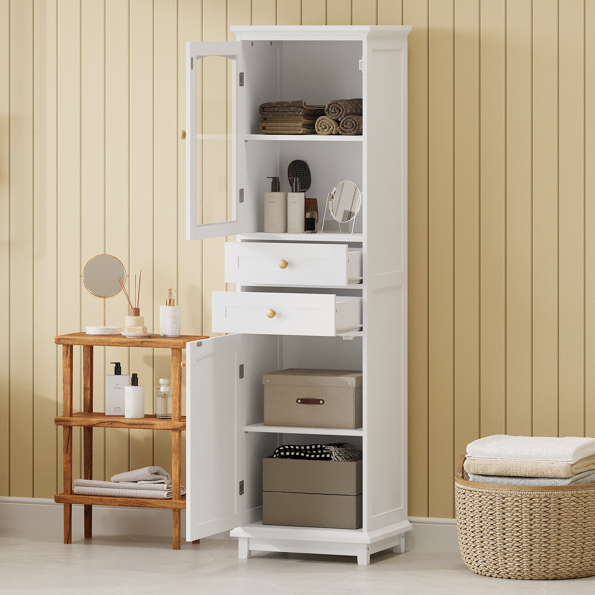 Bathroom Storage Cabinet Glass Doors & Drawers Adjustable Shelves ... with Gewnee 63" Tall Bathroom Storage Cabinet With Glass Doors