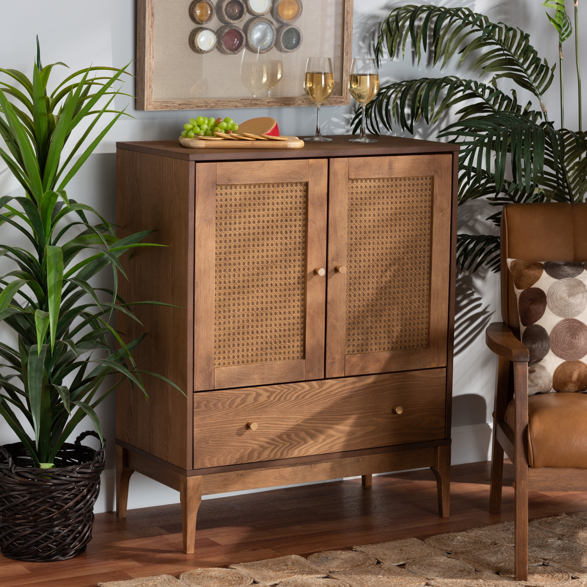 Baxton Studio Ramiel Mid-Century Modern Ash Walnut Finished Wood And Rattan 1-Drawer Sideboard ... with regard to Ramiel Mid-Century Modern Ash Walnut Finished Wood And Rattan 4-Drawer Chest