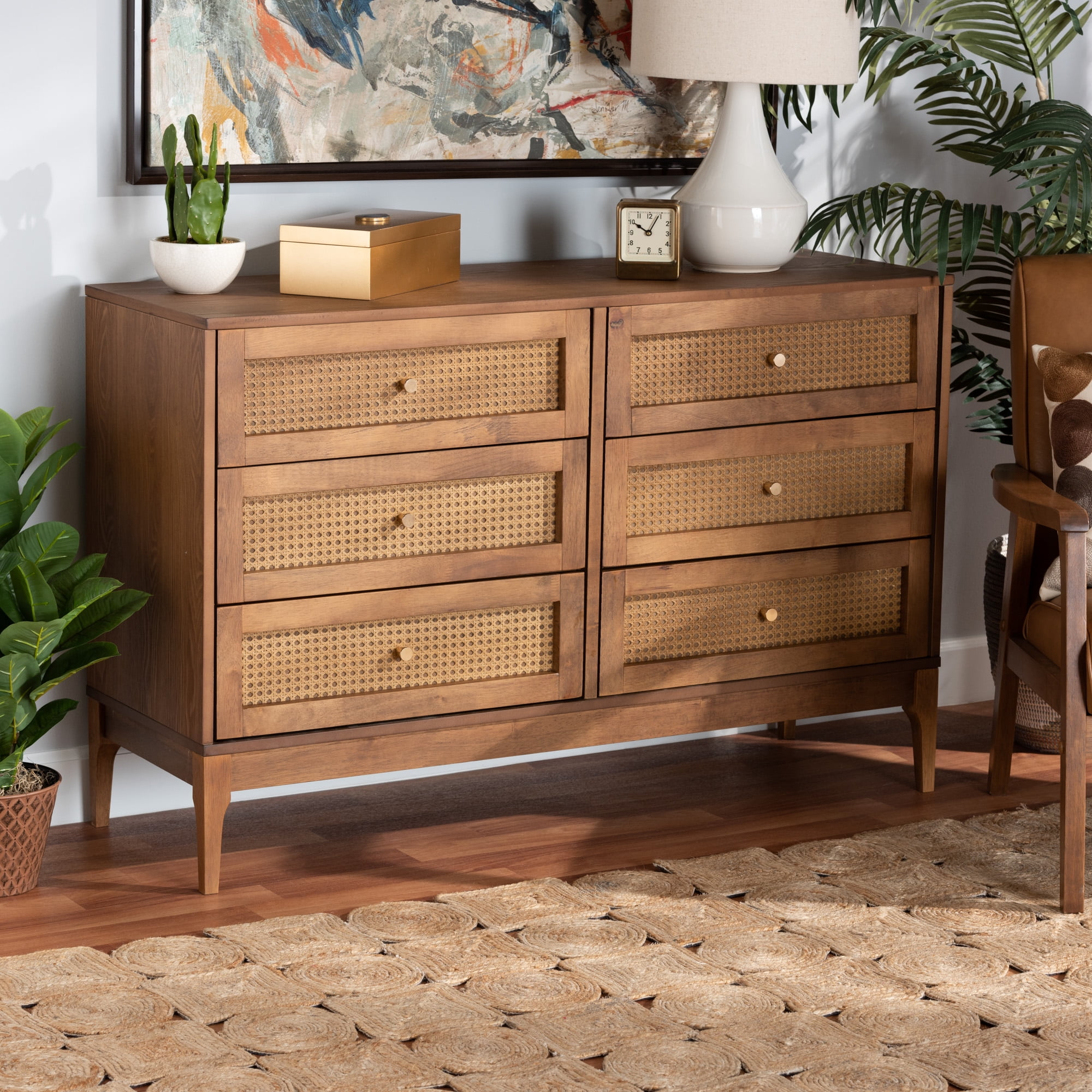 Baxton Studio Ramiel Mid-Century Modern Ash Walnut Finished Wood And Rattan 6-Drawer Dresser ... throughout Bringing Mid-Century Charm Home The Ramiel Wood and Rattan Chest