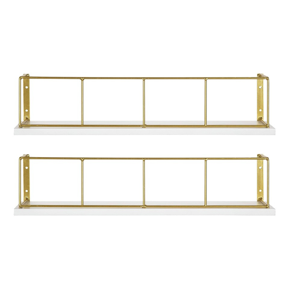Benbrook 18-Inch 2-Pack Wood And Metal Floating Wall Shelves, White And ... throughout Benbrook 18 Wood And Metal Floating Wall Shelves , White/Gold 2 Piece