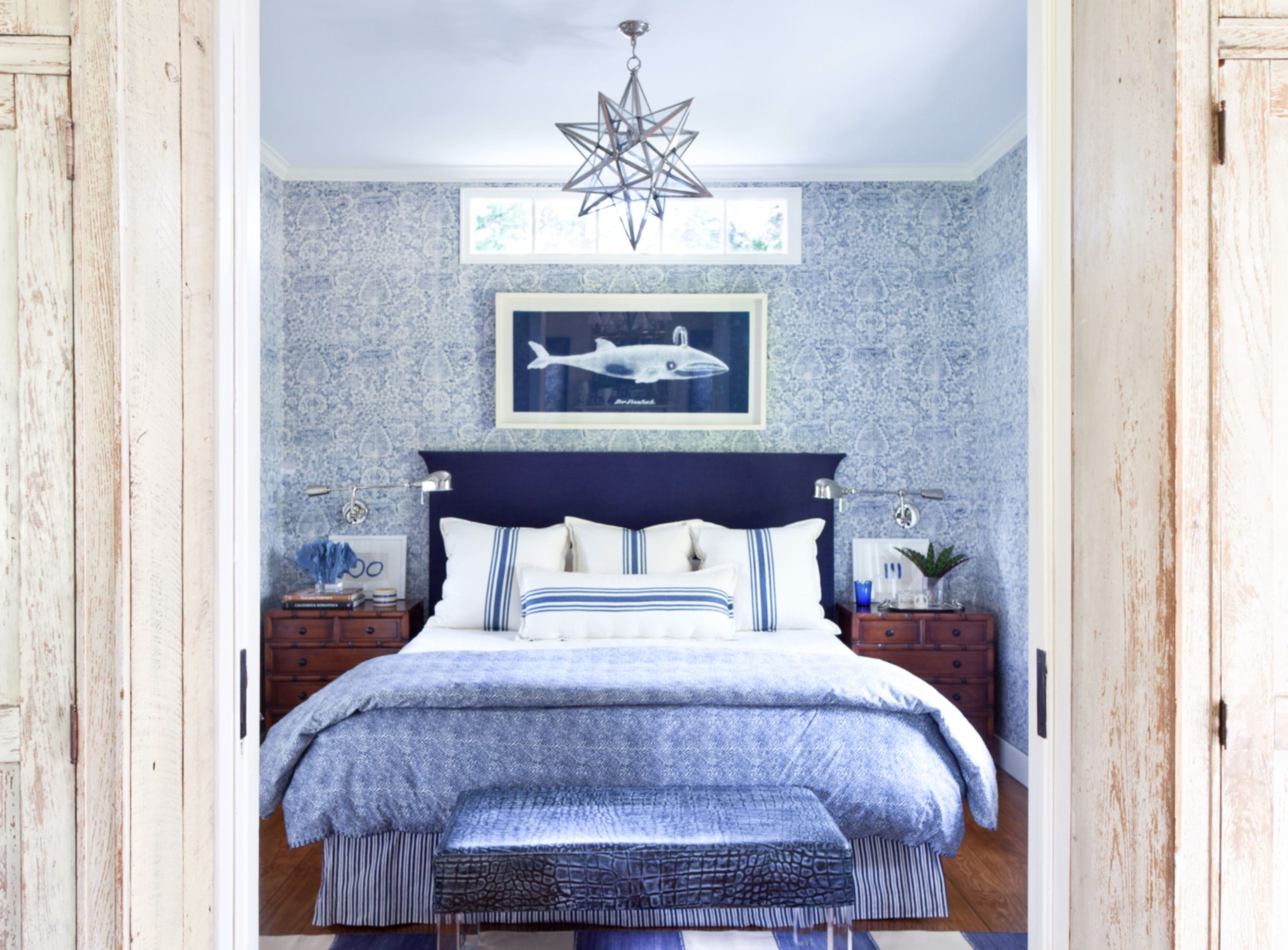 Blue Bedroom With Star Chandelier And Patterns On Bedding And Walls Cottage Bedroom, Blue ... pertaining to Your Guide to Chic Feature Walls in Popular Bedrooms Summer 2018