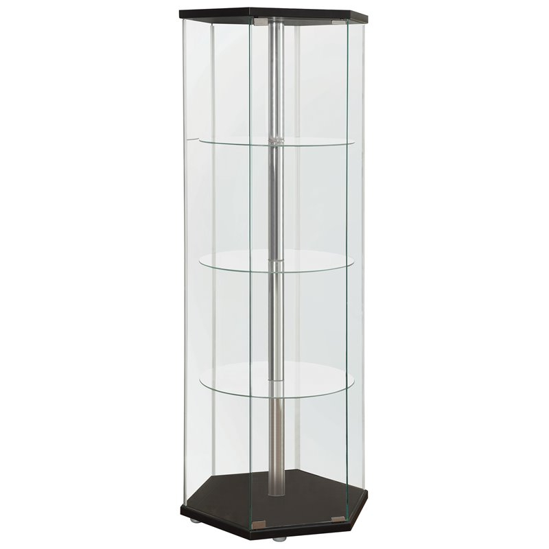 Bowery Hill Hexagonal 4 Shelf Glass Curio Cabinet Display Case In Black ... pertaining to Bowery Hill Modern Metal 4 Shelf Glass Display Case In White