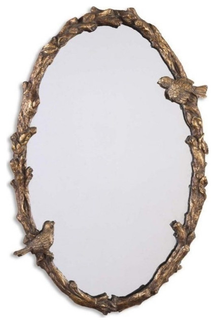 Bowery Hill Modern Oval Vine Mirror In Distressed Antiqued Gold ... with regard to Bowery Hill Mandie Oval Mirror In Bronze