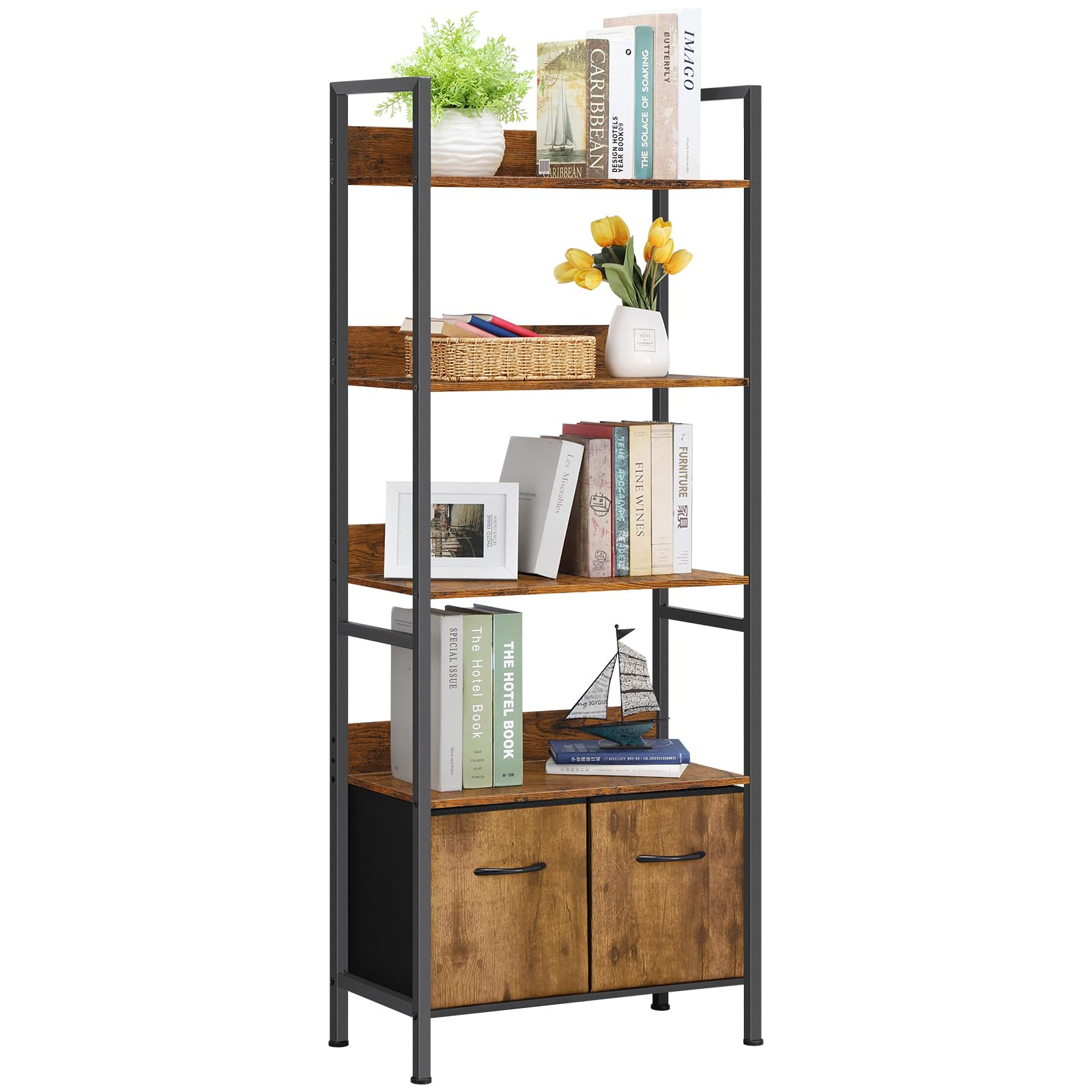 Buy Liantral 5 Tier Bookshelf With Drawers, Tall Bookcase With Shelves ... pertaining to Brown Wood Metal Three Shelf Display Unit