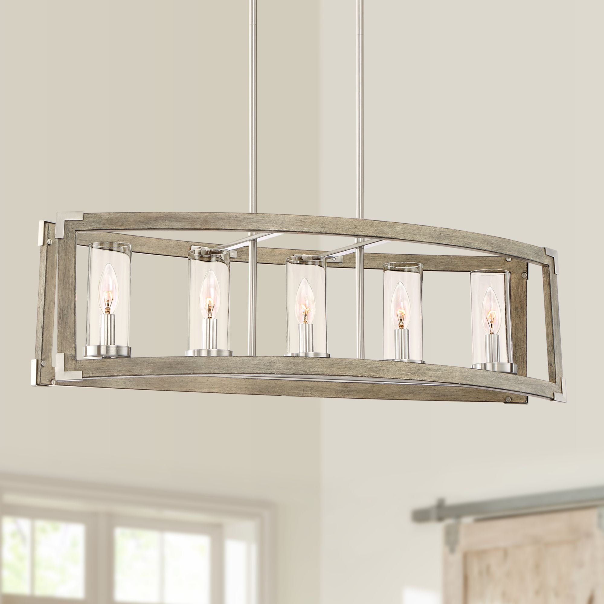 Buy Possini Euro Design Wood Finish Brushed Nickel Linear Pendant ... within Bringing Warmth and Light A Guide to 6-Light Linear Pendants